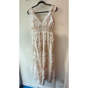 Boutique  Sleeveless V-Neck Maxi Dress Cream Gold Embroidered Print S